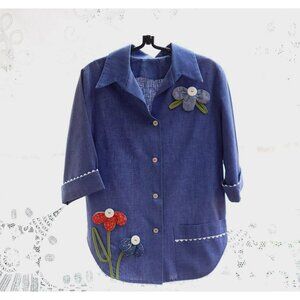 VTG Little House Women's Appliqued Chambray Button Down Shirt Duster Scallop Hem